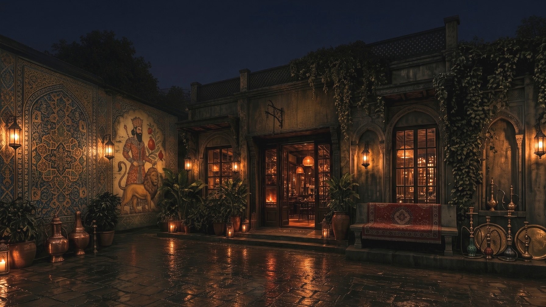 The unmarked entrance at night, lit by a single brass lamp