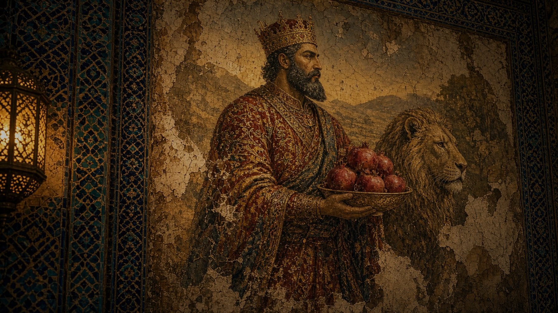 The king-and-lion fresco, weathered with age, on the dining room wall