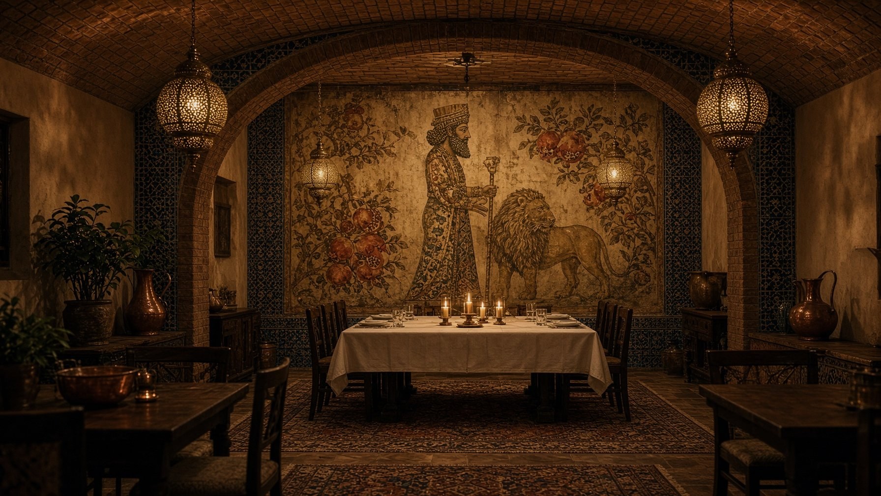 A long table set beneath the fresco, ready for a private evening