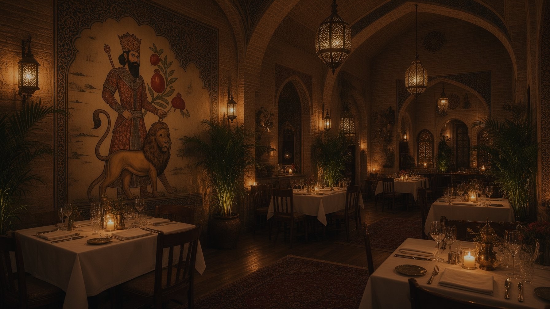 The vaulted dining room, brass lanterns and the king-and-lion fresco